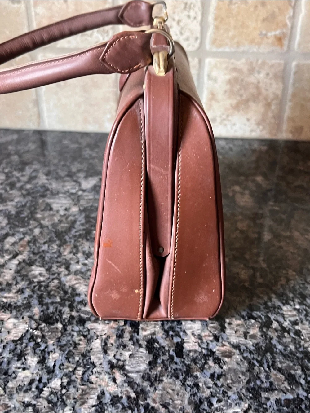 Vintage French Brown Leather| Made in France Top Handle Handbag | 1950s 1960s